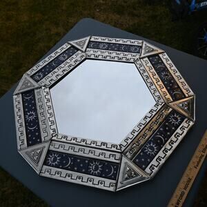 Vintage Octagonal Celestial Tile Wall Mirror (Sun Moon Stars Design)